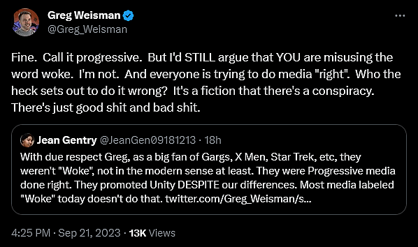 The discourse unfolds around 'Young Justice', 'The Spectacular Spider-Man', and 'Gargoyles' creator Greg Weisman's declaration that he has always been "woke".