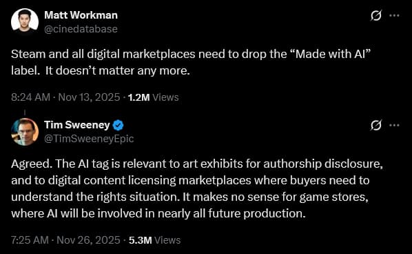 Epic Games CEO argues against generative AI identification in video games.