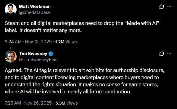 Epic Games CEO argues against generative AI identification in video games.