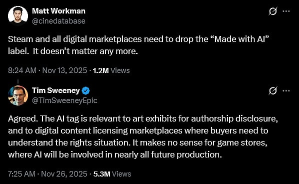 Epic Games CEO argues against generative AI identification in video games.