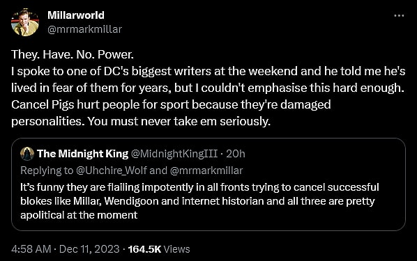 Mark Millar weighs in on the continued existence of cancel pigs within the comic book industry