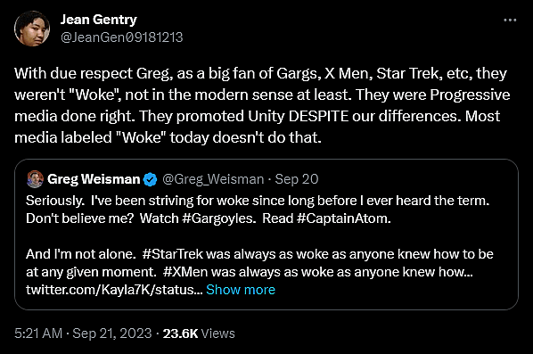 The discourse unfolds around 'Young Justice', 'The Spectacular Spider-Man', and 'Gargoyles' creator Greg Weisman's declaration that he has always been "woke".