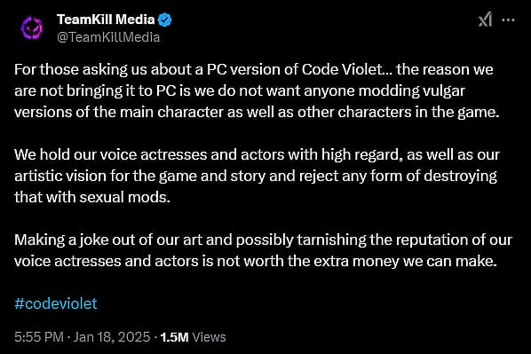 Code Violet developers TeamKill Media oppose vulgar character mods by PC modders