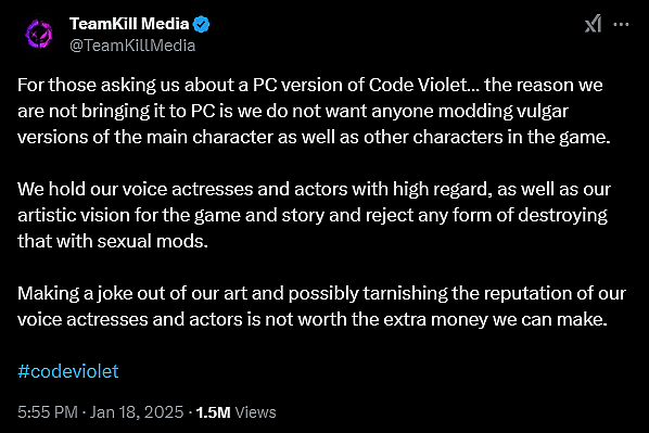 'Code Violet' developers TeamKill Media do not want PC modders making "vulgar" versions of their characters.