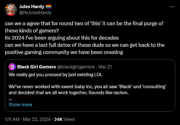 BBC gaming presenter Jules Hardy weighs in on the ongoing Sweet Baby Inc. discourse.