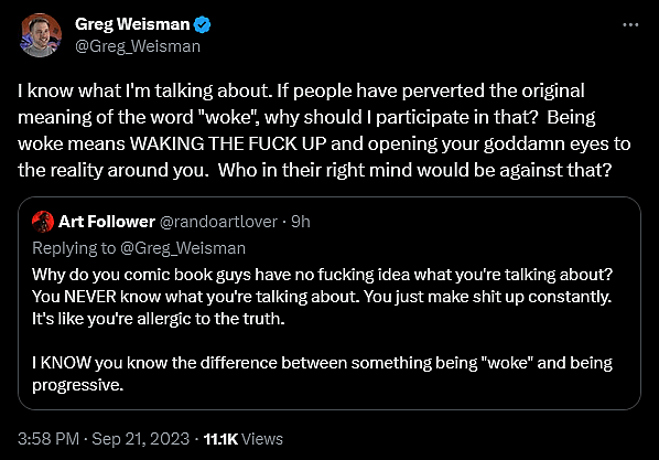 The discourse unfolds around 'Young Justice', 'The Spectacular Spider-Man', and 'Gargoyles' creator Greg Weisman's declaration that he has always been "woke".