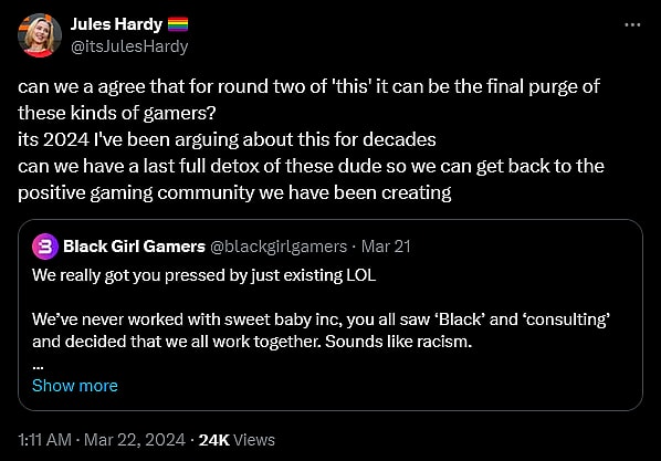 BBC gaming presenter Jules Hardy weighs in on the ongoing Sweet Baby Inc. discourse.