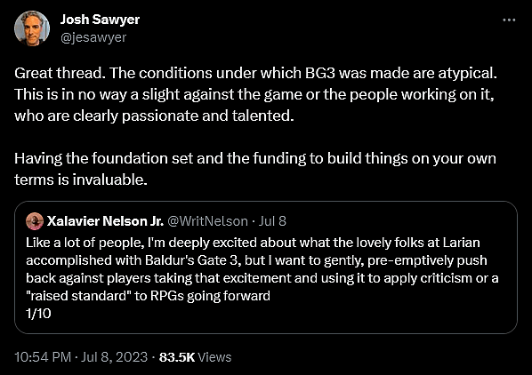 Josh Sawyer weighs in on the fallout of Baldur's Gate 3