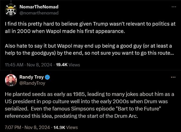 Netflix's 'One Piece' Season 2 writer Randy Troy attempts to link Wapol to Donald Trump.