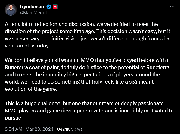 Riot Games President Marc Merrill announces a 'reset' for the upcoming 'League of Legends' MMO