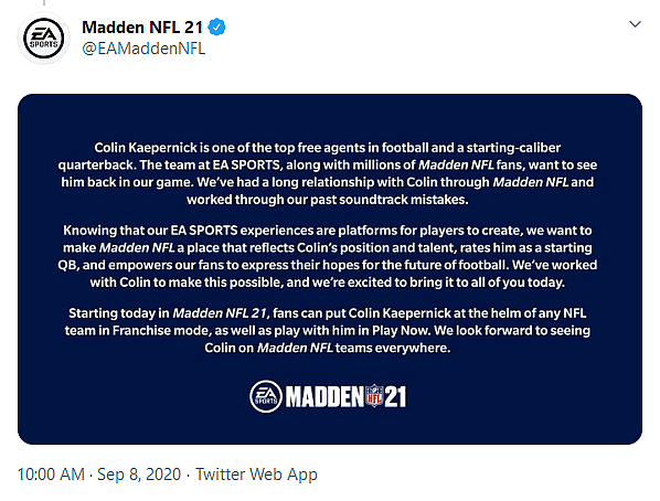 Colin Kaepernick Returns to the NFL as Playable Quarterback in EA’s Madden 21