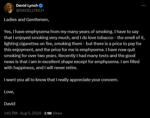'Twin Peaks' creator David Lynch publicly addresses his emphysema diagnosis.