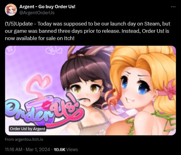 Argent weighs in on Steam's banning of their adult dating sim 'Order Us!'