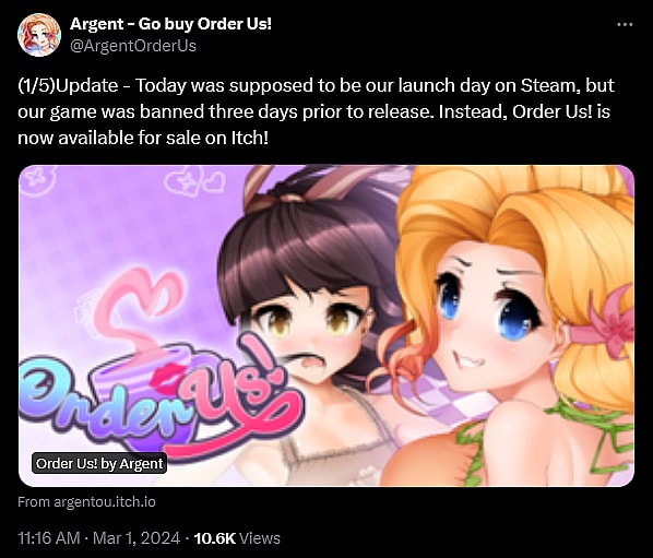 Argent weighs in on Steam's banning of their adult dating sim 'Order Us!'
