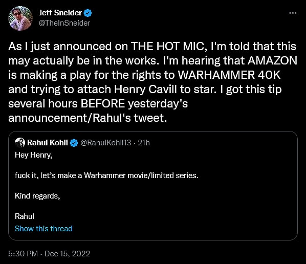 Jeff Sneider teases Henry Cavill's casting in an Amazon 'Warhammer 40k' series