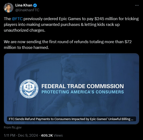 FTC chair Lina Khan announces the beginning of disbursement payments from Epic Games' 'Fortnite' lawsuit.
