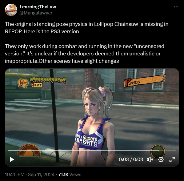 @Mangalawyer points out that Juliet's chest physics have been toned down in the 1.0 release of 'Lollipop Chainsaw RePOP'
