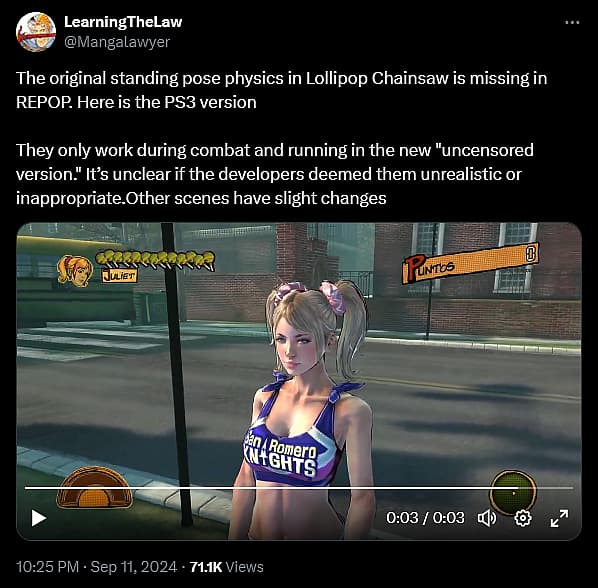 Juliet's chest physics toned down in Lollipop Chainsaw RePOP 1.0 release