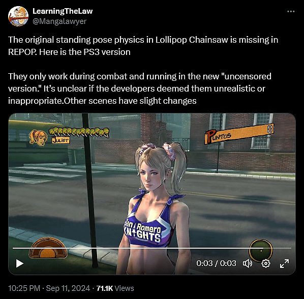@Mangalawyer points out that Juliet's chest physics have been toned down in the 1.0 release of 'Lollipop Chainsaw RePOP'