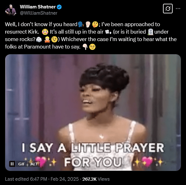 'Star Trek' legend William Shatner teases a possible return as Captain Kirk.