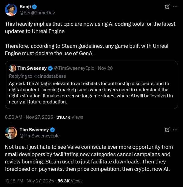 Epic Games CEO argues against generative AI identification in video games.