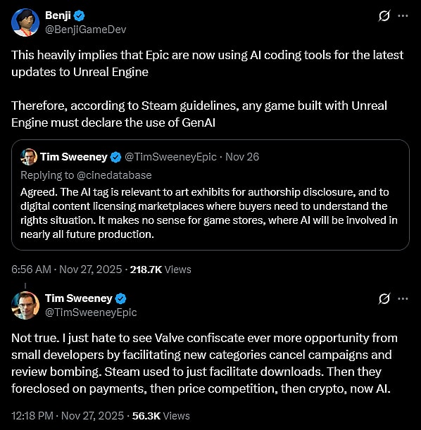 Epic Games CEO argues against generative AI identification in video games.