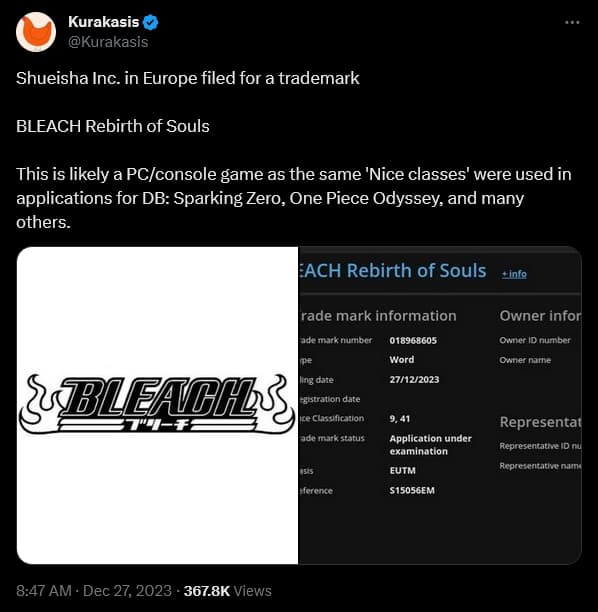 @Kurakasis discovers an EU trademark for 'Bleach Rebirth of Souls'