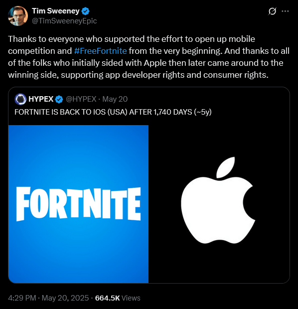 Epic Games CEO Tim Sweeney announces the return of 'Fortnite' to the Apple App Store.