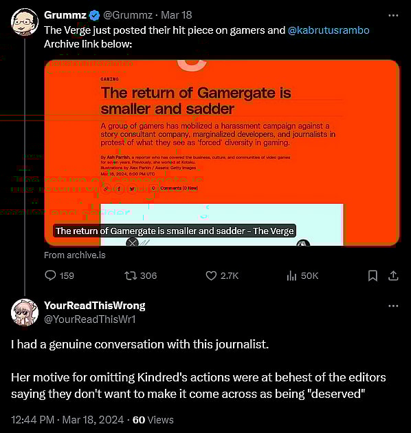 The Verge's Ash Parrish explains to @YourReadThisWR1 her reason for omitting Chris Kindred's involvement in the Sweet Baby Inc. discourse