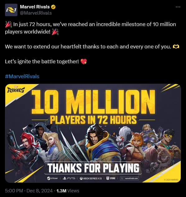 NetEase celebrates 'Marvel Rivals' hitting the 10 Million player milestone.