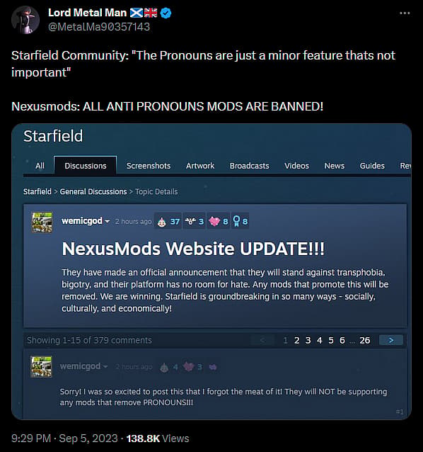 Nexus Mods may ban Starfield mods removing game's pronoun modifier