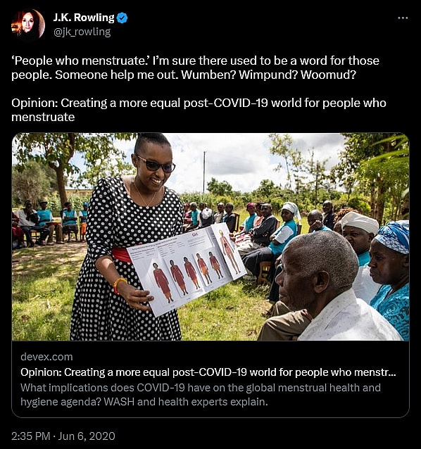 J.K. Rowling offers her thoughts on the inclusive term 'people who menstruate'