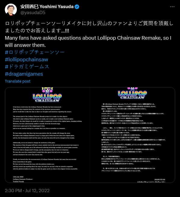 Yoshimi Yasuda weighs in on the censorship aspect of 'Lollipop Chainsaw RePOP'