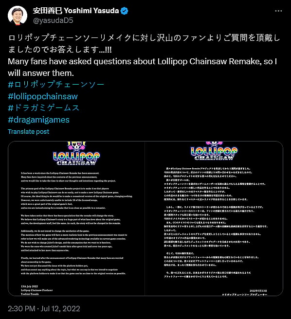Yoshimi Yasuda weighs in on the censorship aspect of 'Lollipop Chainsaw RePOP'