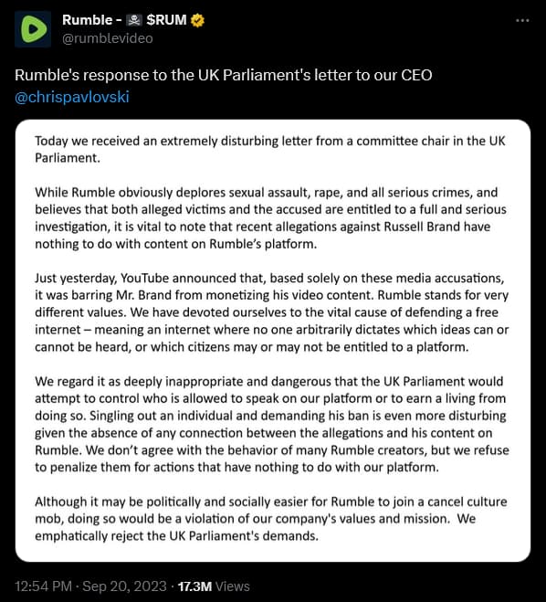 Rumble responds to the UK Parliament's request to demonetize Russell Brand.