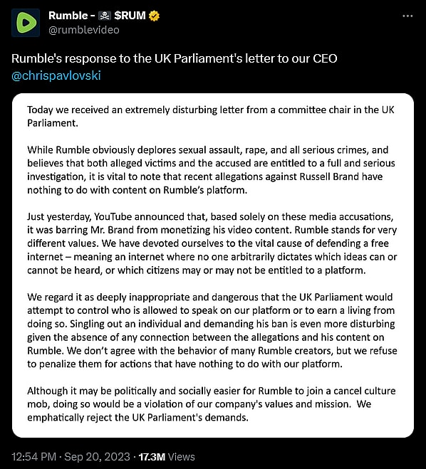 Rumble responds to the UK Parliament's request to demonetize Russell Brand.