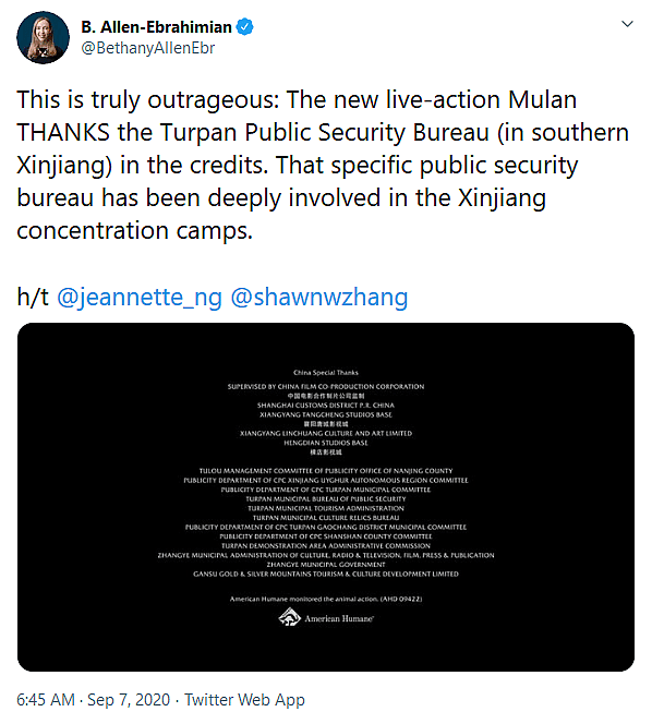 Chinese Communist Party Publicity Department Operating in Uyghur Autonomous Region Receives “Special Thanks” In Disney’s Mulan Remake