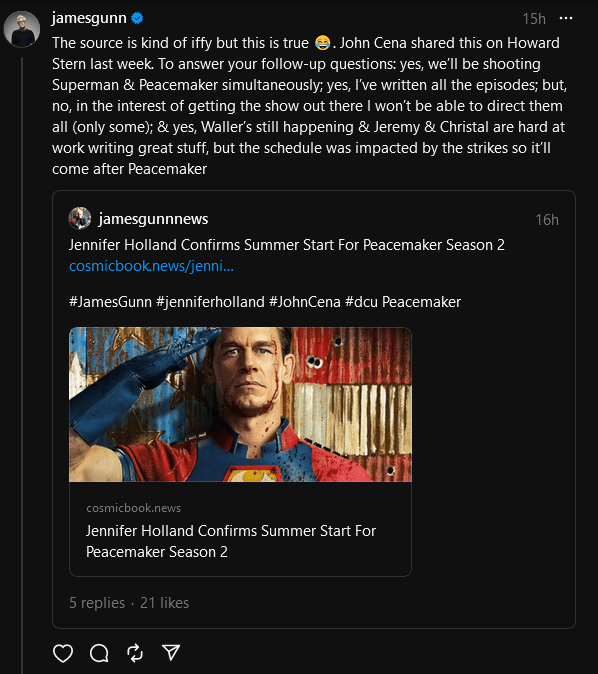 James Gunn weighs in on Peacemaker's place in the new DC cinematic continuity.