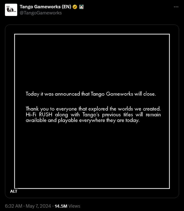 'Hi-Fi Rush' developer Tango Gameworks announces their closure.