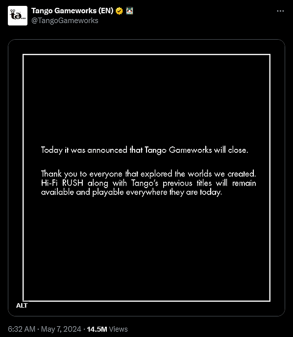 'Hi-Fi Rush' developer Tango Gameworks announces their closure.