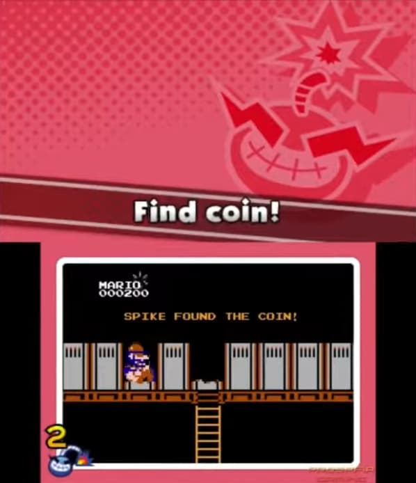 Foreman Spike appears to grab the coin instead of Mario in the Find coin! microgame via WarioWare Gold (2018), Nintendo
