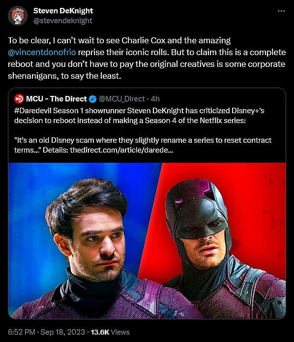 Steven DeKnight criticizes Disney's decision to reboot Matt Murdock with 'Daredevil: Born Again'