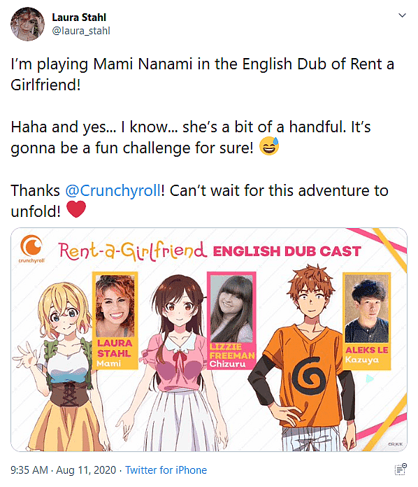 Rent-a-Girlfriend Voice Actor Laura Stahl Claims To Have Received Hate Mail Over Role as Mami Nanami