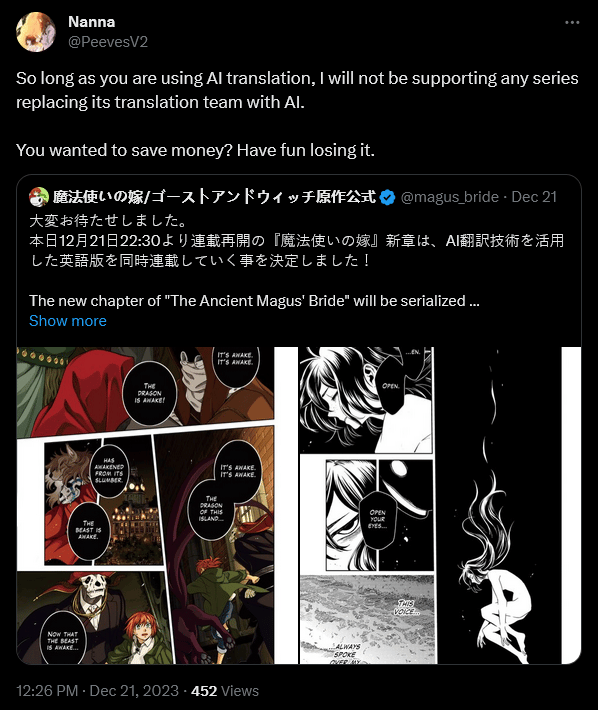 Bushiroad Works announces it will begin using a combo of AI and humans to produce English-language simulpubs for 'The Ancient Magus' Bridge'