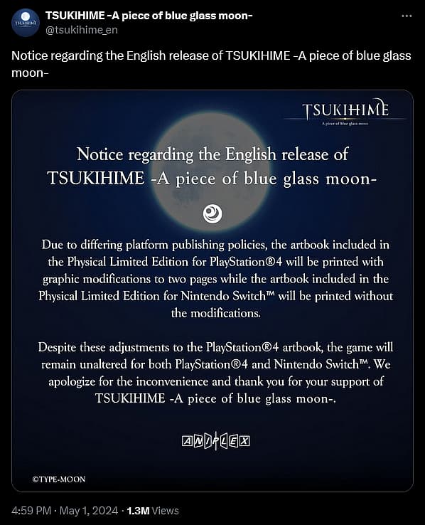 Type-Moon announce Sony's censorship of 'Tsukihime - A piece of blue glass moon'