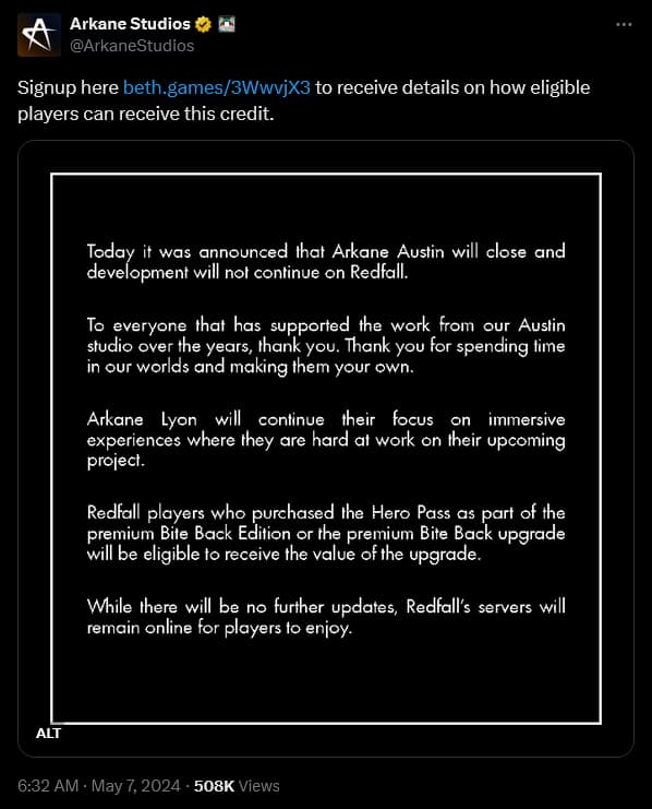 'Redfall' developer Arkane Studios announces their closure.