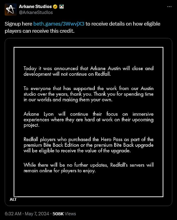 'Redfall' developer Arkane Studios announces their closure.
