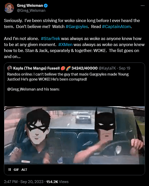 The discourse unfolds around 'Young Justice', 'The Spectacular Spider-Man', and 'Gargoyles' creator Greg Weisman's declaration that he has always been "woke".