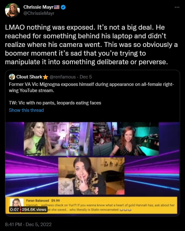 Chrissie Mayr pushes back against the accusations of indecent exposure being leveled against Vic Mignogna