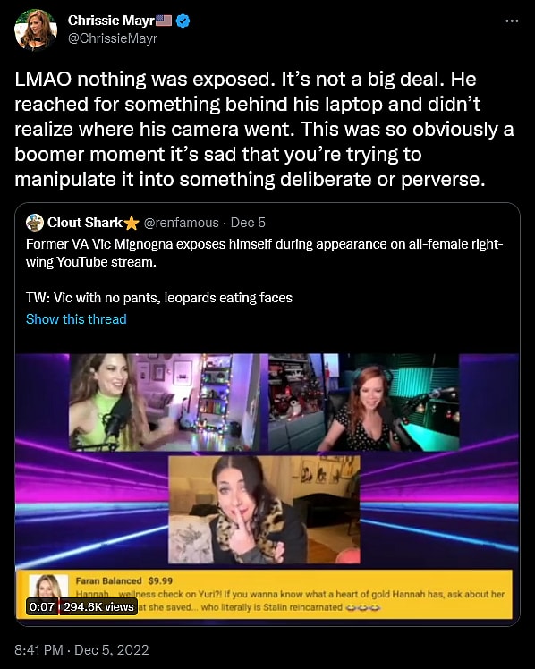 Chrissie Mayr pushes back against the accusations of indecent exposure being leveled against Vic Mignogna